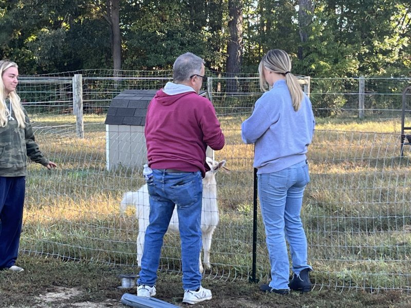 Veterans Sophia Gibbons and Lou Leto repair a goat pen as part of equine therapeutic activities at Courageous Hearts in Lincoln as Bekah Baughman, a facilitator at Courageous Hearts, supervises their work. Shown are (l-r) Baughman, Gibbons and Leto.